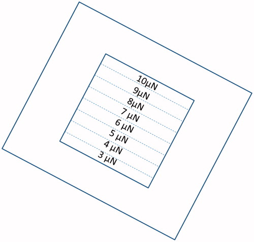 Figure 1. Wearing area of 10 × 10 μm2 of resin and wearing force.