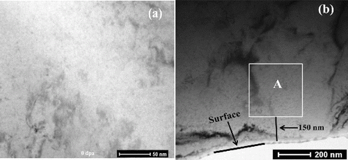 Figure 4. TEM micrograph of Hastelloy-N alloy: (a) before implantation and (b) irradiation with 7 MeV Xe+ at 0.5 dpa.