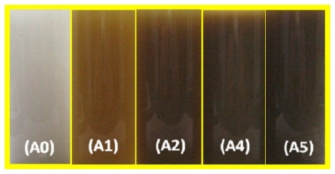 Figure 1 Photographs of AgNO3/talc suspension (A0) and silver-talc nanocomposite suspension at different AgNO3 concentrations, ie, (A1) 0.5%, (A2) 1.0%, (A4) 2.0%, and (A5) 5%.