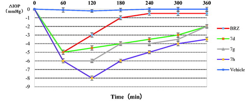 Figure 3. Effect of topically administered sulphonamide CA inhibitors (1% water solutions/suspensions) on the IOP of hypertensive rabbits. Errors were in the range of 3–5% of the reported values.