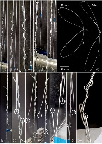 Figure 14. Wire tensile test for steel wire sample groups 7 (looped, a – f) and 8 (looped-twisted, g – m). Sample 7 looped wires elongated significantly but did not break, whereas the looped-twisted group 8 wires did break.