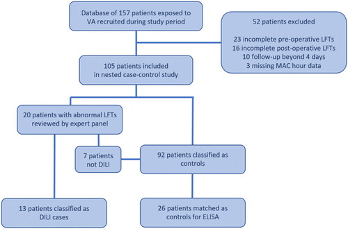 Figure 1. Recruitment, exclusion and matching process. This flowchart outlines the study groups and exclusion criteria. Seven of twenty patients reviewed for possible DILI were determined to not be DILI by expert panel and were subsequently moved into the control group for matching. LFTs: liver function tests.