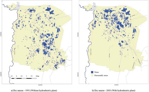 Figure 7. (a) Location of permanent waterbodies (dry season) in 1991 and (b) location of permanent waterbodies in 2003.