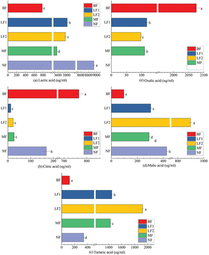 Figure 2. The effects of fermentation on lactic acid (a), citric acid (b), tartaric acid (c), malic acid (d), oxalic acid (e) of fermented fig juice.