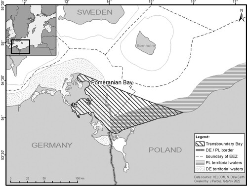 Figure 3. The Pomeranian Bay and unclear maritime border at the northern approach to seaports in Poland highlighted in deep dashed lines.