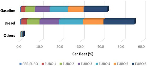 Figure 7. Distribution of Coimbra’s passenger car fleet by fuel properties and Euro emission standards for 2019.