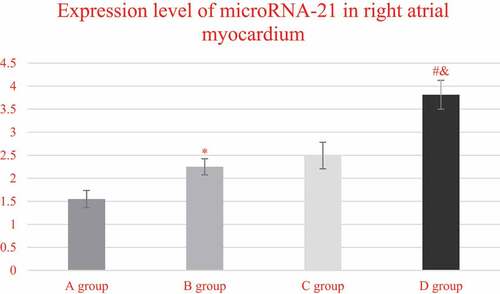 Figure 9. Comparison on the expression levels of miRNA-21 in the right atrium myocardial tissues of the patients from group A, C, and D