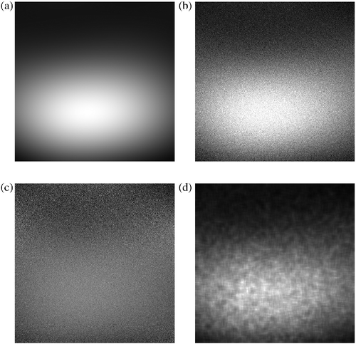 Figure 4 A realistic MRI inhomogeneous intensity field (a) corrupted with 9% Rician noise (b). Intensity inhomogeneity corrected for with LEMS (c), whereby local SNR values are calculated (d). As expected, the intensity of the SNR image (d) mimics that of the initial intensity field (a).