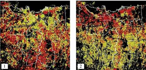 Figure 10. Informal (in red) and formal (in yellow) settlements detected in Jakarta. 1. Classification by RF machine learning algorithm through the traditional method of training. 2. Classification by RF which takes advantage of OSM for developing the training set