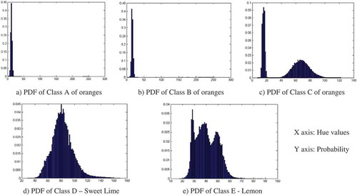 FIGURE 6 Probability distributions of 5 classes—Class A, B, C of oranges, sweet lime, and lemon.
