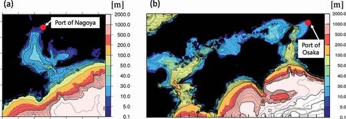 Figure 19. Horizontal distributions of the ocean topography around (a) Ise Bay and Mikawa Bay, and around (b) Osaka Bay are used in the storm surge model (SSM). The red points indicate the target ports for validating and discussing the SSM results: (a) Port of Nagoya and (b) Port of Osaka.