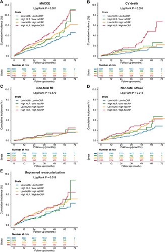 Figure 3 Kaplan–Meier (KM) curves for adverse clinical events according to 4 concordance/discordance groups by NLR and hsCRP levels KM curves for MACCEs (A), CV death (B), non-fatal MI (C), non-fatal stroke (D), and unplanned revascularization (E) according to 4 concordance/discordance groups by NLR and hsCRP levels MACCEs were defined as a composite of CV death, non-fatal MI, non-fatal stroke, and unplanned revascularization.