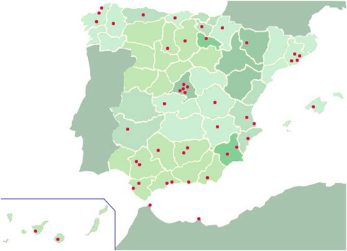 Figure 1. Distribution of the 46 programmes of the Iniciativa Urbana (IU) in Spanish provinces and regions (Autonomous Communities).Source: Author.