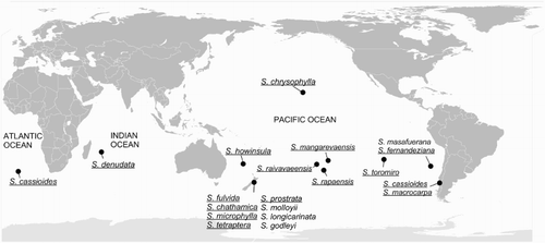 Figure 1 Map of the distribution of Sophora sect. Edwardsia. Species sampled for this study are underlined.