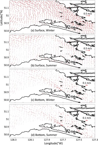 Fig. 8 Mean surface and near-bottom (1 m above seabed) flows based on the (a, c) Winter-A and (b, d) Summer-V&A simulations. The averaging period was 29 days to ensure the removal of tidal bias (December 30 to January 28, 2019, and July 10 to August 8, 2019). Near-bottom flow only shown where bathymetry was greater than 50 m.