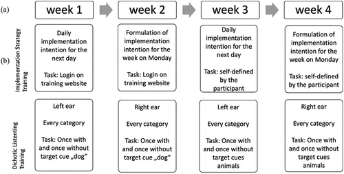 Figure 1. Training plan with the a) strategy-based training using implementation intention strategy tasks and the b) process-based training applying dichotic listening tasks.