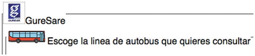 Figure 15. Descriptive text and pictogram included by Egoki in selection interface for Service 2. [Translation to English: “Escoge la línea de autobús que quieres consultar” means Choose the bus line to get information about.]