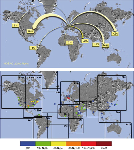 Fig. 4 Upper panel: geographical distribution of flights with NOy measurements. Lower panel: airports with NOy profiles and definition of regions used in the analysis. The colour bar denotes the number of profiles collected over the different airports.