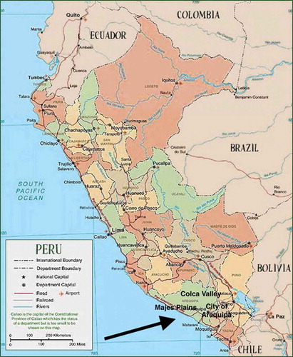 Figure 1. Map of Peru with site of fieldwork. Source:  This map was downloaded from Vidiana.com (maps of the world). http://www.vidiani.com/large-detailed-relief-and-political-map-of-peru/  The arrows and place names have been added by the present authors.