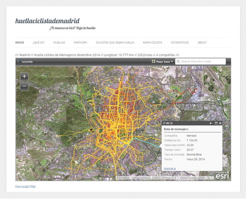 Figure 4. Screenshot of the online map illustrating bike messengers' mobility and a pop-up window with information about the selected route.