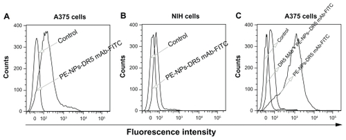 Figure 4 (A and B) Fluorescence intensity histogram of A375 cells and NIH cells treated by PE-NPs-DR5 mAb-FITC, untreated cells were used as negative control. (C) Fluorescence intensity histogram of A375 cells treated by DR5 mAb before the adding of PE-NPs-DR5 mAb-FITC, untreated cells and cells not pretreated with DR5 mAb were used as negative and positive controls, respectively.Abbreviations: DTIC, dacarbazine; mAb, monoclonal antibody; NPs, nanoparticles; PE, phycoerythrin; FITC, fluorescein isothiocyanate.