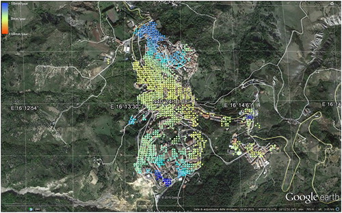 Figure 6 Deformation velocities map of Stigliano area obtained by applying SBAS technique from Sentinel satellite data. Base map courtesy of Google Inc.