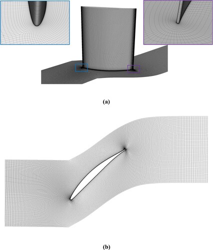 Figure 4. Mesh generated inside the compressor cascade passage (2.5 Million): (a) 3D passage mesh, (b) 2D cascade mesh.