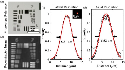 Figure 6. USAF 1951 Resolution Test Target, Group 6 and 7: (a) Microscope reference and (b) reconstructed image from the mixed-mode fibre cantilever-based endoscopic scanner. (c) Beam profile at the focal plane with Gaussian fitting. The Inset figure shows the microscope image of the beam spot at the focal plane. (d) Intensity profile at the tip of microspheres with Gaussian fitting. The lateral and axial resolution based on the FWHM are 5.81 and 6.52 µm, respectively.