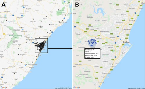 Figure 1. Spatial cluster of lower mortality. (A) Distribution of small area layer centroids of study participants throughout KwaZulu-Natal. (B) Lower mortality cluster in relation to the greater Durban area.