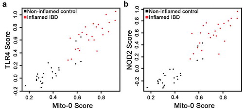 Figure 4. Bacterial TLR4 and NOD2 signaling strongly correlate with mitochondrial dysfunction in IBD transcriptomes. (a, b) Scatterplots representing the TLR4 and NOD2 signature scores according to the Mito-0 signature score and distribution of inflamed IBD and matched non-inflamed control transcriptomes; Spearman’s coefficient of correlation, r = 0.92 for both TLR4 and NOD2, p < .05.