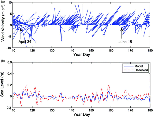 Fig. 5 (a) Wind speed and direction and (b) low-pass (36-hour) filtered sea level anomalies at Argentia from April to June 1999.