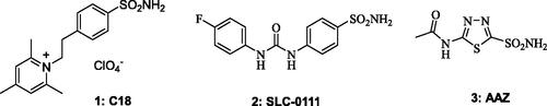 Figure 1. Sulphonamides 1–3 investigated in this work, C18, SLC-0111 and AAZ.