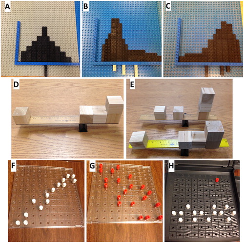 Fig. 1 Low-tech tactile learning aids. (A) LEGO histogram of symmetrical distribution where mean = median = mode. (B) LEGO histogram of positively skewed distribution where mean is pulled toward outliers. (C) LEGO histogram of negatively skewed distribution. (D) Wooden blocks glued to a ruler balanced on a binder clip to demonstrate the mean as a balance point. (E) Another example where the student had to compare the block location of the mean to that of the median and mode. (F) Battleship pieces used to create a scatterplot with strong positive correlation. (G) Battleship pieces used to create a scatterplot with weak negative correlation. (h) Battleship pieces used to create an outlier on a scatterplot.