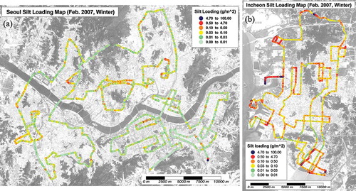 Figure 3. Silt loading maps of paved roads in (a) Seoul and (b) Incheon.