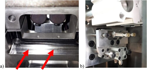 Figure 18. Detail of the blade clamping area, stops and air blower outlets (a), and of the stoppers subassembly (b).
