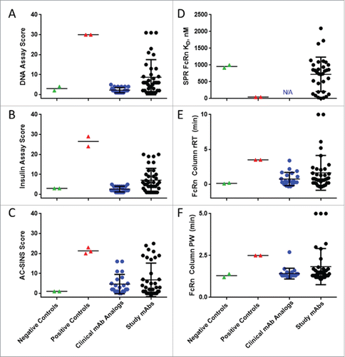 Figure 2. In vitro assay score range for mAb datasets. Assay control values are compared to the assay range observed for clinical mAb analog and study mAb datasets in assays A) DNA binding; B) insulin binding; C) AC-SINS; D) immobilized hFcRn SPR; and E-F) hFcRn column chromatography rRT and PW. Assay negative control mAbs (mAb-01 and mAb-02, green) and positive control mAbs (mAb-03 and mAb-04 for all assays + mAb-05 for AC-SINS, red) represent mean values of assay replicates. Clinical mAb analogs (blue) consist of the variable regions of commercially available marketed mAbs grafted onto human IgG1/kappa or lambda constant regions. Study mAbs (black) were chosen from research programs to represent a spectrum of in vitro scores or observed human CL.