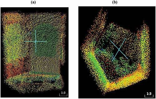 Figure 5. Center of Panorama camera: a) Side view of panorama camera point cloud with the center of the cross as the center of panorama camera; b) Top view of panorama camera point cloud with the center of “X” being the center of panorama camera