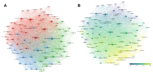 Figure 3 Co-occurrence analysis of keywords. (A) Keyword co-occurrence clustering network of OVCF. Each node in this map represents a keyword that occurred at least 10 times. Different colors indicated diverse research clusters, red for diagnosis cluster, green for complications cluster and blue for treatment cluster. (B) Distribution of keywords according to average publication year. Colors showed evolution of keyword over time (purple: earlier, yellow: later).