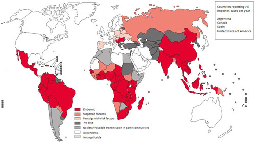 Figure 1 World map showing the distribution of T. solium taeniasis/cysticercosis transmission.