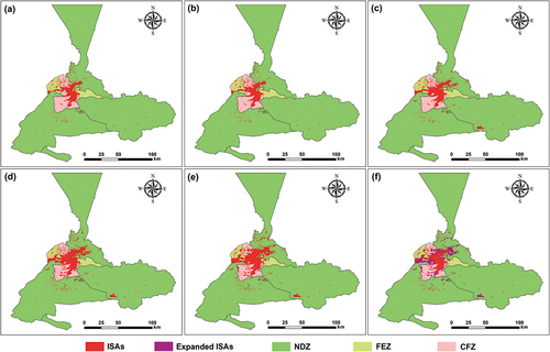 Figure 3. Spatial distribution of ISAs in 2000 (a), 2005 (b), 2010 (c), 2015 (d), 2019 (e), and from 2000 to 2019 (f) in CFZ, FEZ, and NDZ of Urumqi.