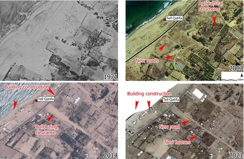 Figure 14. Landscape changes around Tell Qatifa between 1971 and 2021 (produced on ArcGIS Pro using purchased Corona Imagery and publicly available imagery from geomolg.ps).