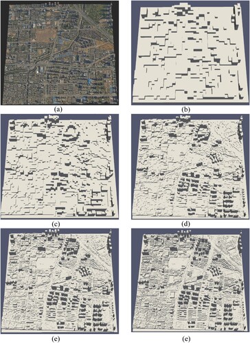 Figure 11. Scene-vector data and voxelized scene models at different levels. The map sizes of (b) – (e) are 32×32×8, 64×64×16, 128×128×32, 256×256×64, 512×512×128, respectively. (a) Local city scenes of Zhengzhou (b) V1 (c) V2 (d) V3 (e) V4 (e) V5.