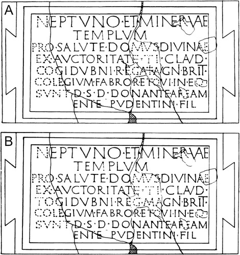 Figure 2. The two interpretations of the Chichester tablet: A = Old Interpretation; B = New Interpretation. Figures taken and edited from Bogaers (Citation1979).