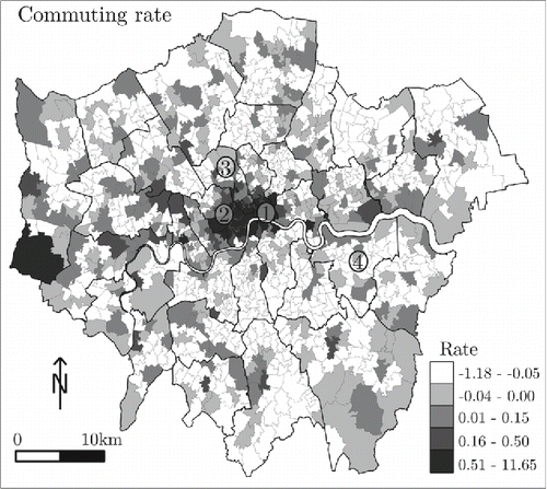 Figure 2. Commuter-induced changes in the residential population of Greater London (the classes are based on natural breaks in the data, and the thicker boundaries demarcate the authority districts). The areas marked 1, 2, 3, and 4 denote the City of London, Westminster, Camden, and Greenwich, respectively.