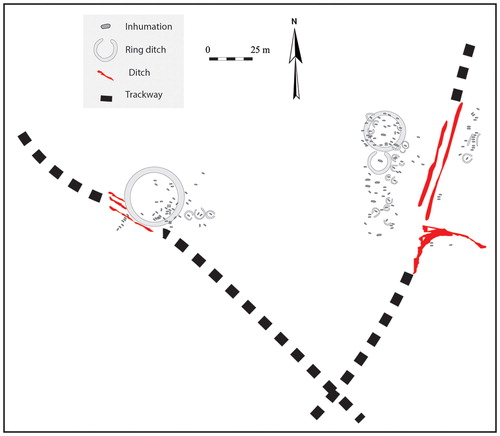 FIG 1. Saltwood, Kent, Note the large clusters of graves which focus on Bronze-Age ring ditches. The trackway has prehistoric origins and remained in use until the 19th century, so the early Anglo-Saxons would have accessed these graves from different places. Redrawn after Brooks and Reynolds Citation2011. © D Sayer.