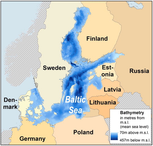 Figure 3. The Baltic Sea Region with countries and HELCOM Baltic Sea bathymetry data.