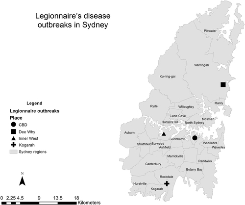 Fig. 5 Location of Legionnaries’ disease outbreaks in Sydney, Australia from 27 February 2016 to 29 April 2016.Outbreak locations are represented by circle (CBD district), square (Dee Why), triangle (Inner West) and cross (Kogarah) shapes. Grey areas represent the administrative districts within the Sydney region. Data source of outbreak data: NSW HealthCitation26. Base map data was taken from the Australian Standard Geographical Classification (ASGC) Digital Boundaries, AustraliaCitation14. Coordinates of outbreak locations retrieved by searching names of locations on Google maps. Maps were created using ArcMap 10.2