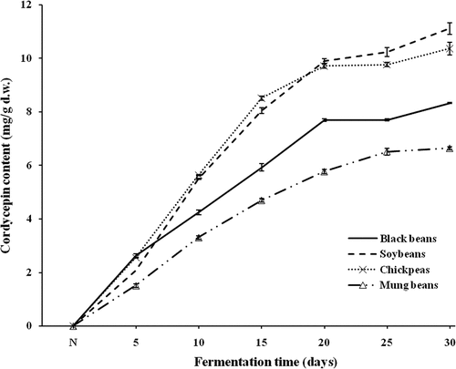 Figure 3. Contents of cordycepin of SSF-beans with different fermentation time, N represented non-fermented beans.