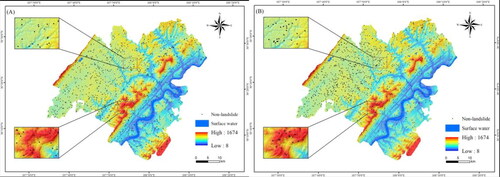 Figure 9. Negative sample distribution (A is the traditional method to select non-landslides; B is the information quantity method to select non-landslides).