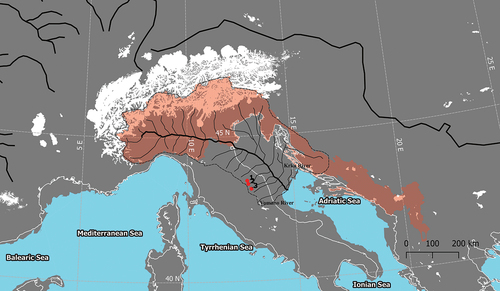 Figure 1. Location of Phoxinus lumaireul observed in the Marche Region: (1) Rio Bono (Esino River), source: ARPAM, Relazione sullo stato di qualità dei corpi idrici fluviali per l’anno 2014; (2) Torrente Sanguirone (Esino River), this study; (3) Potenza River (Mario Marconi, personal communication). The LGM Po River drainage area (dashed line) was desumed from Maselli et al. (Citation2011). The Mediterranean basin coast line during LGM was downloaded from Zickel et al. (Citation2016) GIS dataset. The LGM ice cover (white areas) was downloaded from Ehlers et al. (Citation2011). The IUCN range map of P. lemaireul is represented by the red shaded area.